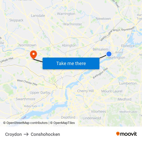 Croydon to Conshohocken map