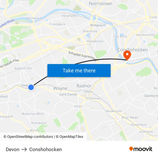 Devon to Conshohocken map