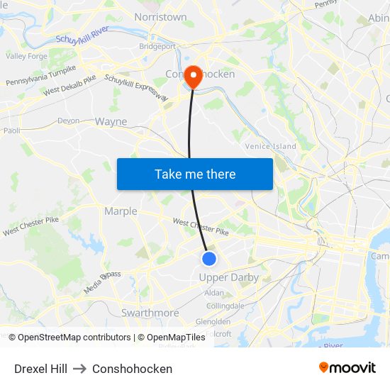 Drexel Hill to Conshohocken map