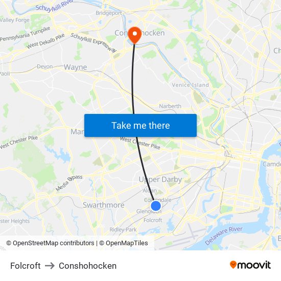 Folcroft to Conshohocken map