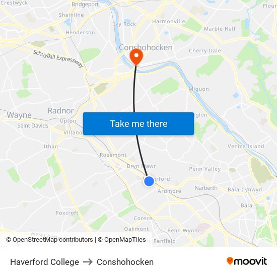 Haverford College to Conshohocken map