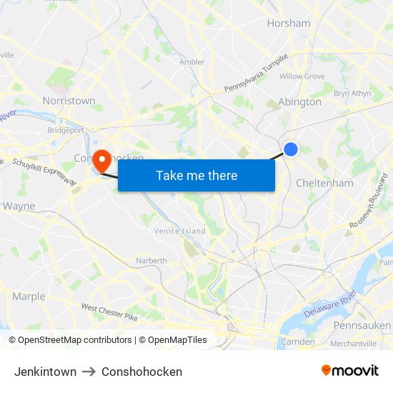 Jenkintown to Conshohocken map
