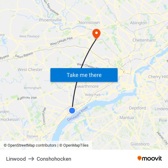 Linwood to Conshohocken map