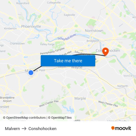Malvern to Conshohocken map