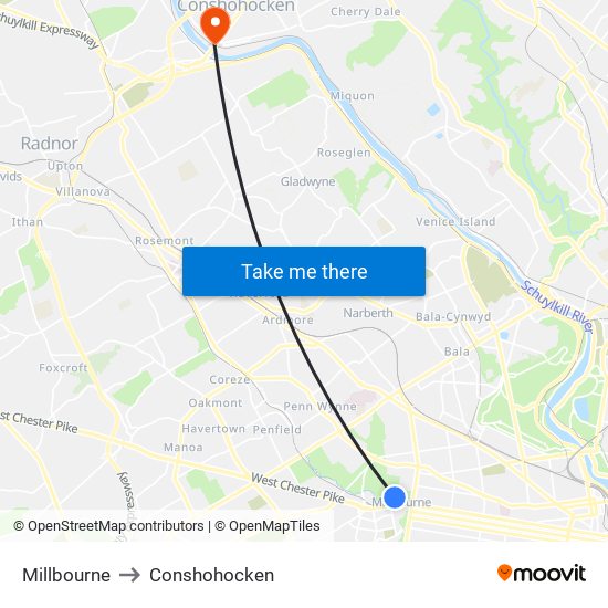 Millbourne to Conshohocken map