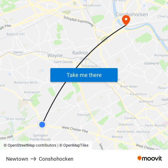 Newtown to Conshohocken map