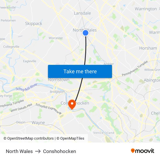 North Wales to Conshohocken map