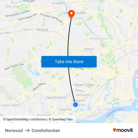 Norwood to Conshohocken map