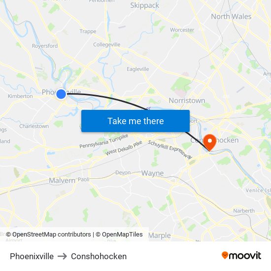 Phoenixville to Conshohocken map