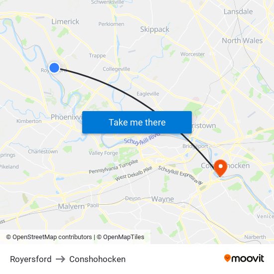 Royersford to Conshohocken map