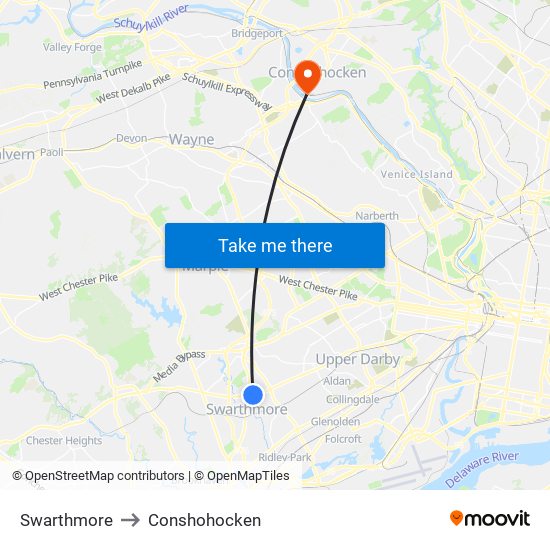 Swarthmore to Conshohocken map