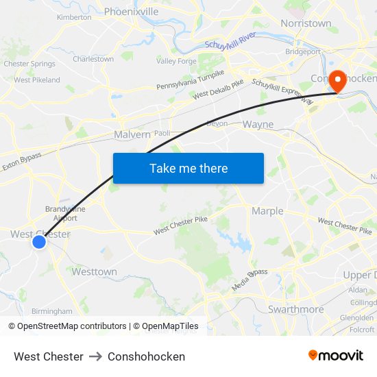 West Chester to Conshohocken map