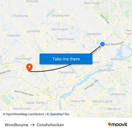 Woodbourne to Conshohocken map