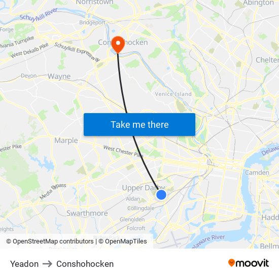 Yeadon to Conshohocken map