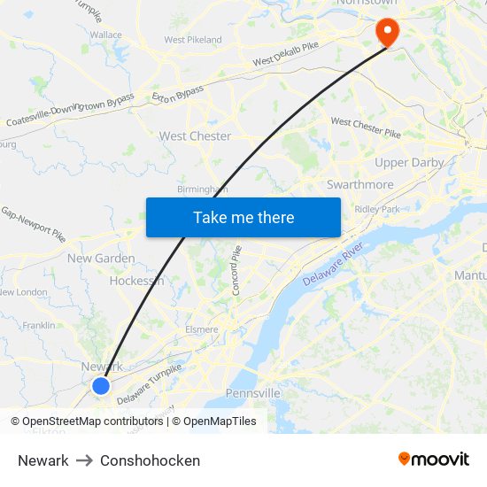 Newark to Conshohocken map