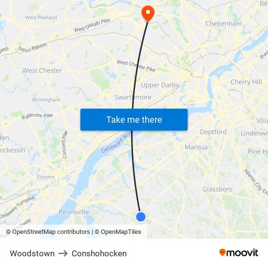 Woodstown to Conshohocken map