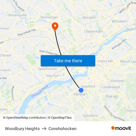 Woodbury Heights to Conshohocken map