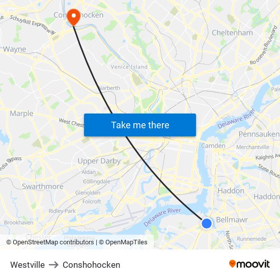 Westville to Conshohocken map