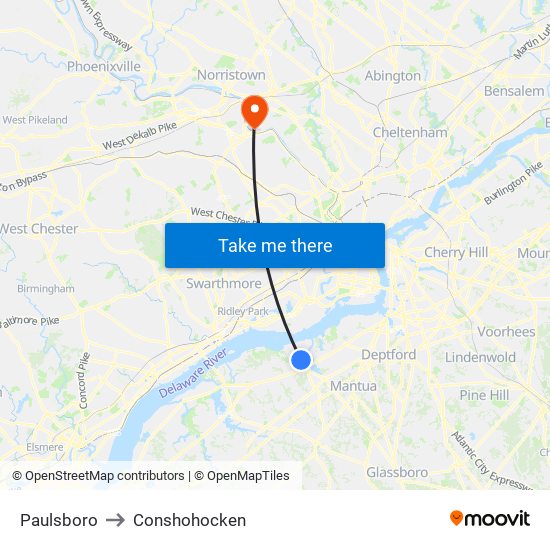 Paulsboro to Conshohocken map