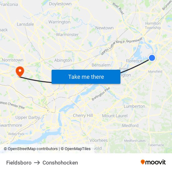 Fieldsboro to Conshohocken map