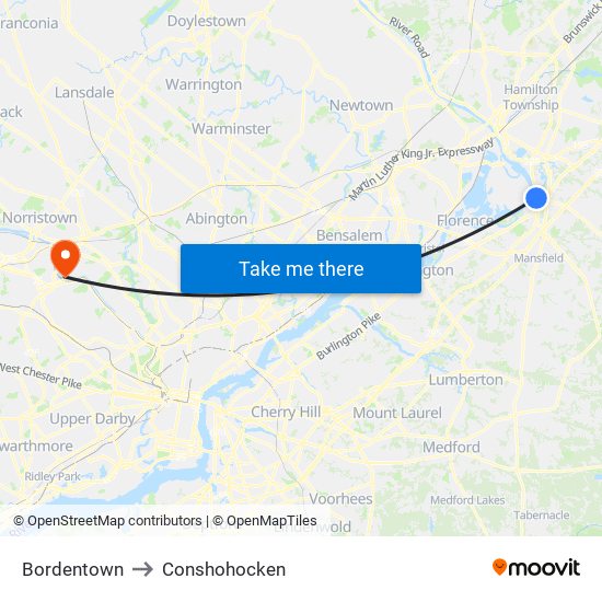 Bordentown to Conshohocken map