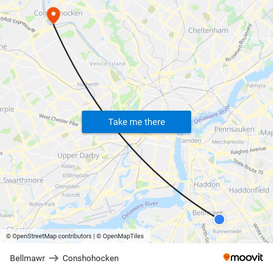 Bellmawr to Conshohocken map