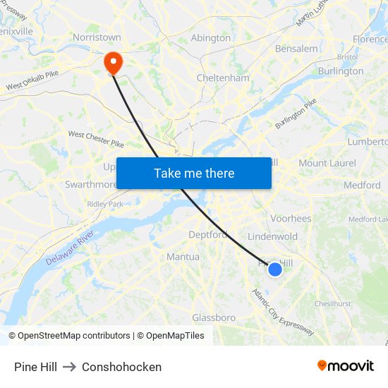 Pine Hill to Conshohocken map