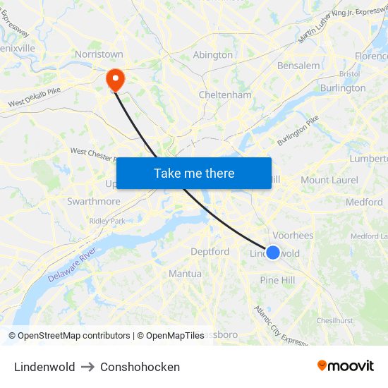 Lindenwold to Conshohocken map
