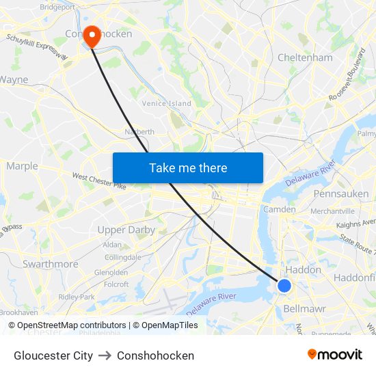 Gloucester City to Conshohocken map