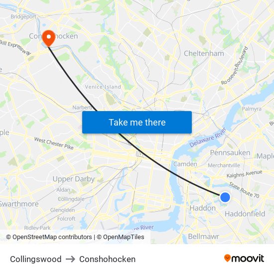 Collingswood to Conshohocken map