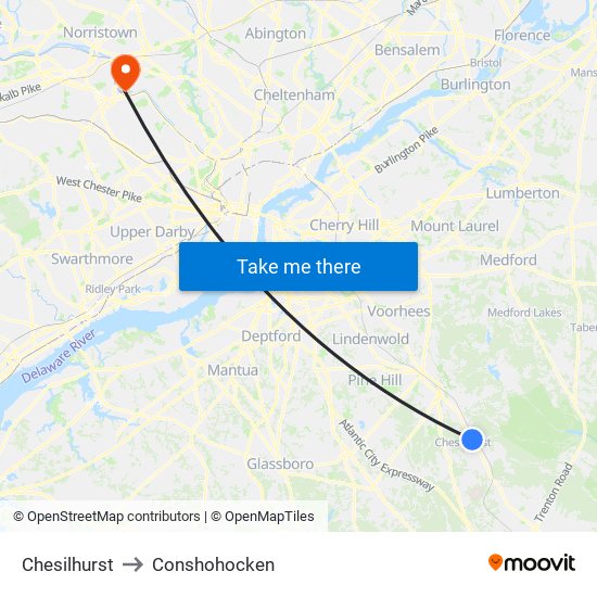 Chesilhurst to Conshohocken map