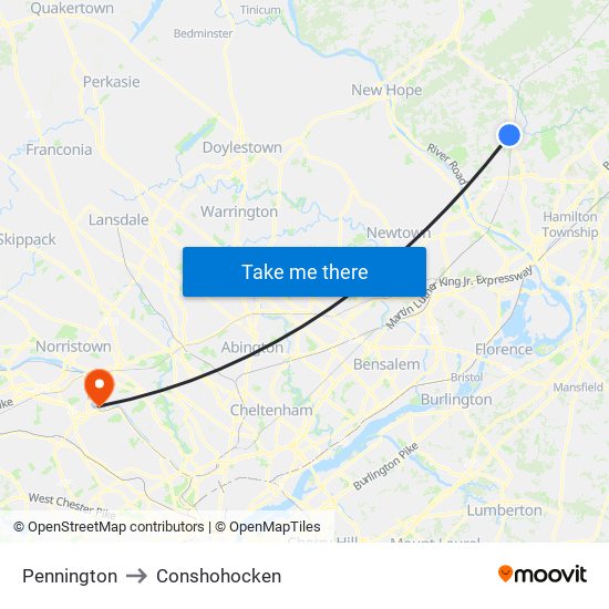 Pennington to Conshohocken map