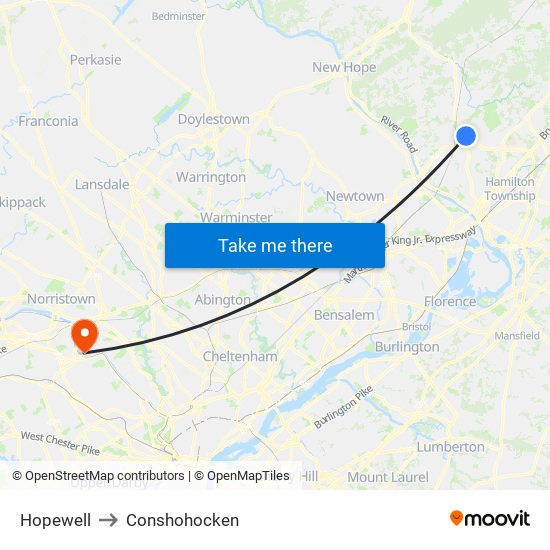 Hopewell to Conshohocken map