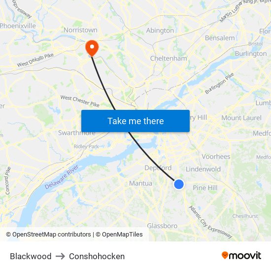 Blackwood to Conshohocken map