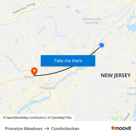 Princeton Meadows to Conshohocken map