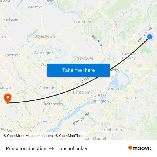 Princeton Junction to Conshohocken map