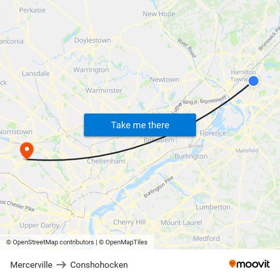 Mercerville to Conshohocken map