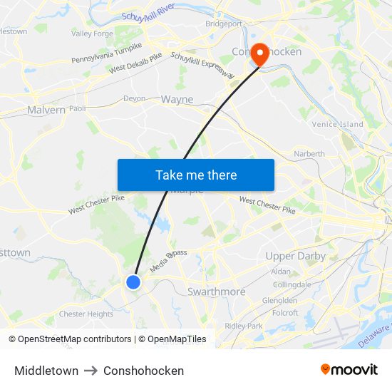 Middletown to Conshohocken map