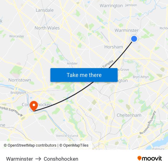 Warminster to Conshohocken map