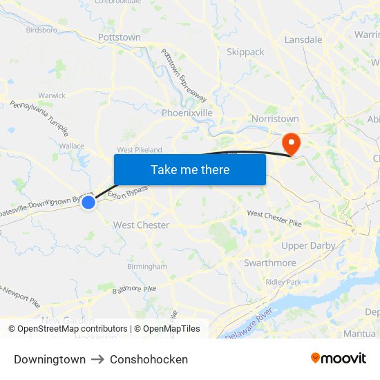 Downingtown to Conshohocken map