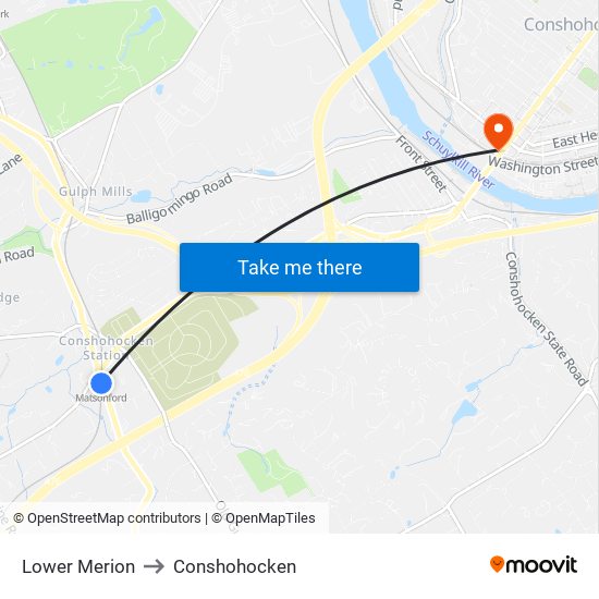 Lower Merion to Conshohocken map