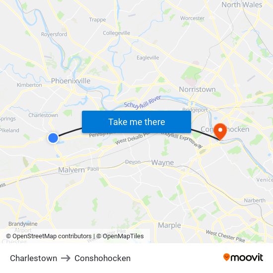 Charlestown to Conshohocken map