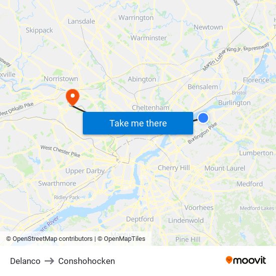 Delanco to Conshohocken map