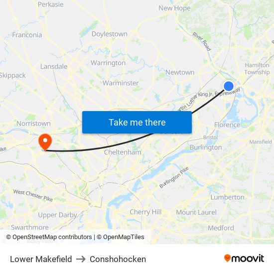 Lower Makefield to Conshohocken map