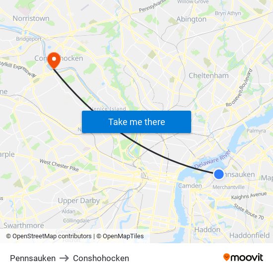 Pennsauken to Conshohocken map