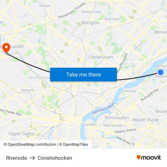 Riverside to Conshohocken map