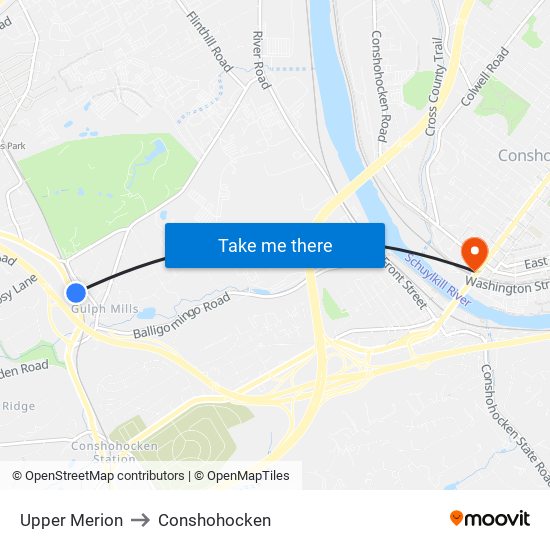 Upper Merion to Conshohocken map