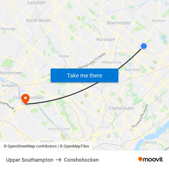 Upper Southampton to Conshohocken map