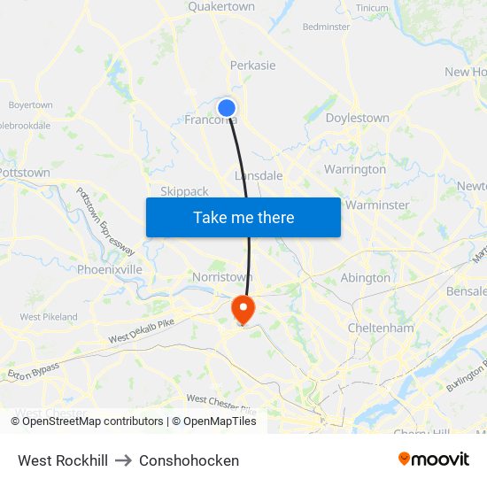 West Rockhill to Conshohocken map