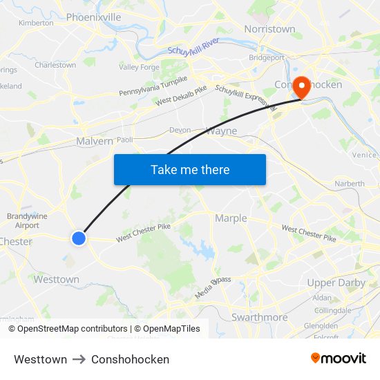 Westtown to Conshohocken map